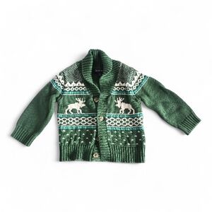 Green Kids Cardigan with Reindeer Pattern